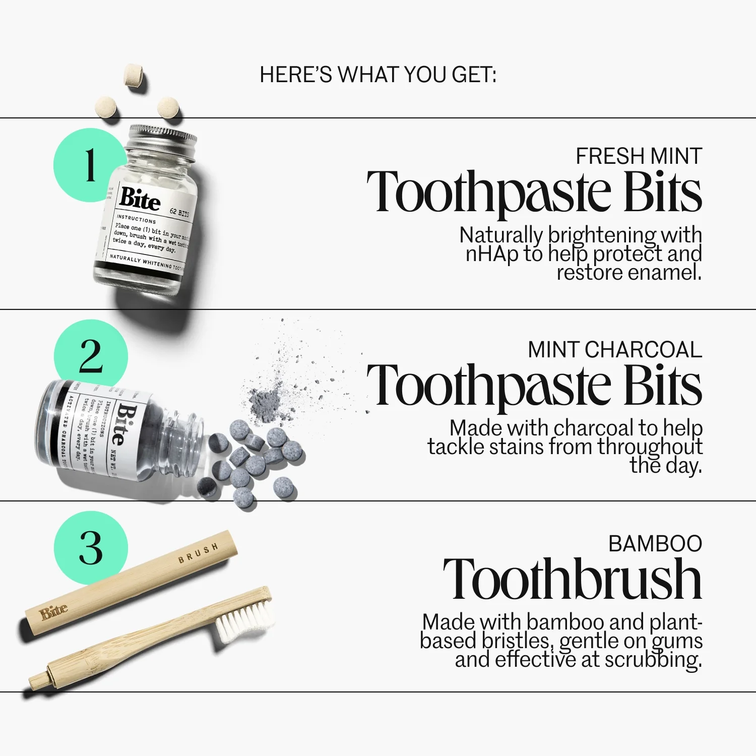 The Day to Night Teeth Brightening Kit - Whiter Teeth in 3 Days with Bite Toothpaste Bits in Mint and Mint Charcoal, Comes with Free Bamboo Toothbrush - Image 3